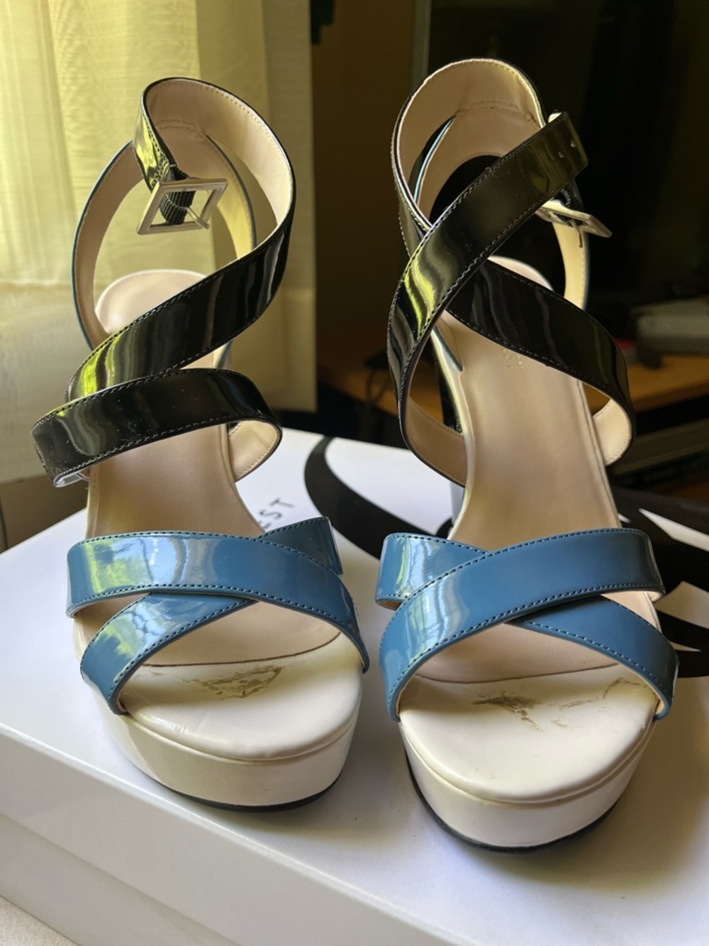 Women's Patent Leather Crisscross Platform Sandals in Black and Blue